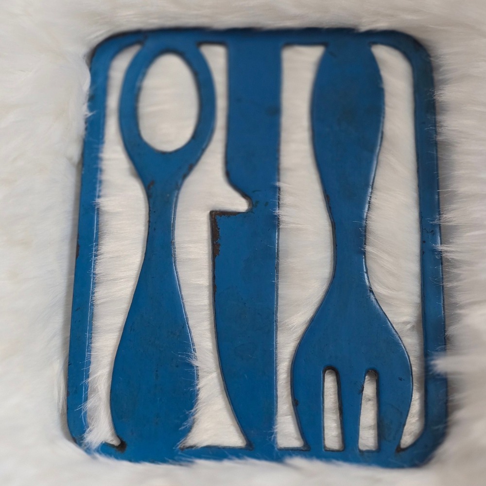 Vintage Blue Metal Cutlery Silhouette Wall Art - Spoon Knife‎ Fork Kitchen Decor